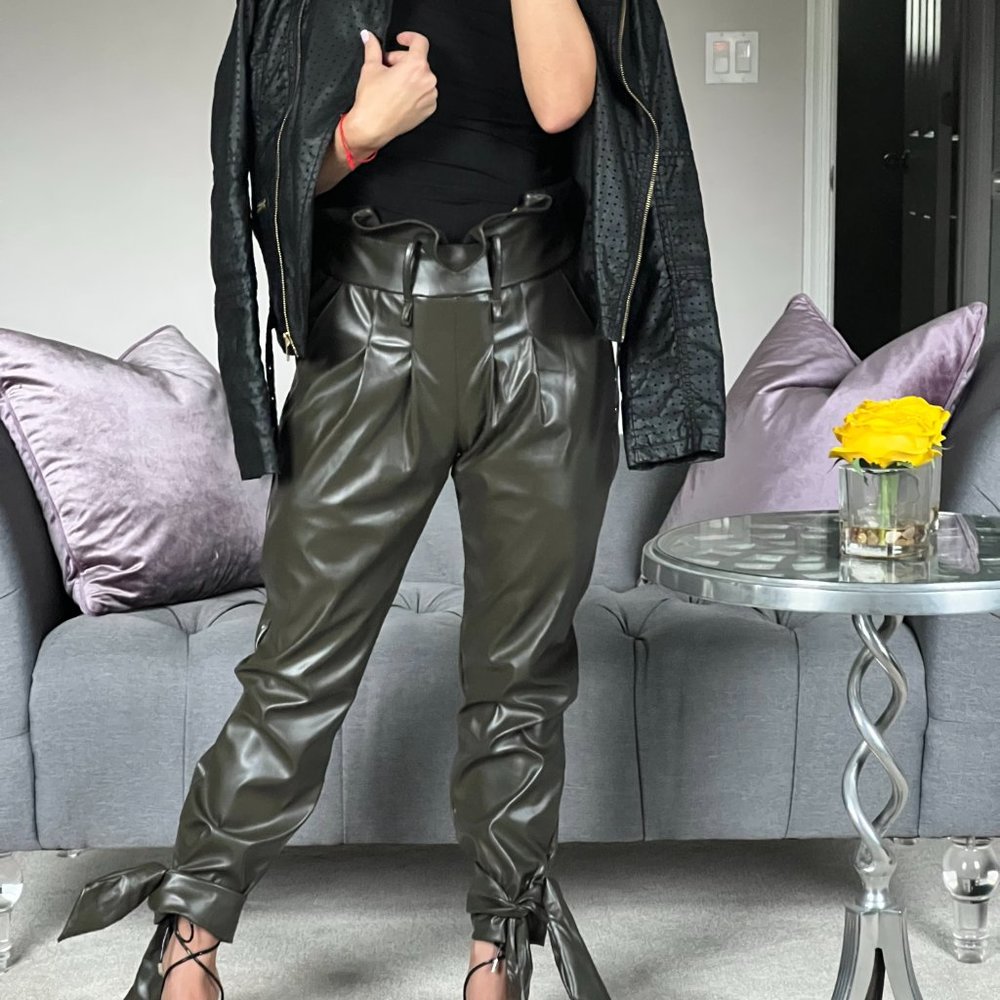 SUPER TRENDY HIGH WAISTED OLIVE GREEN FAUX LEATHER PANTS WITH BELT STRAPS &TIES